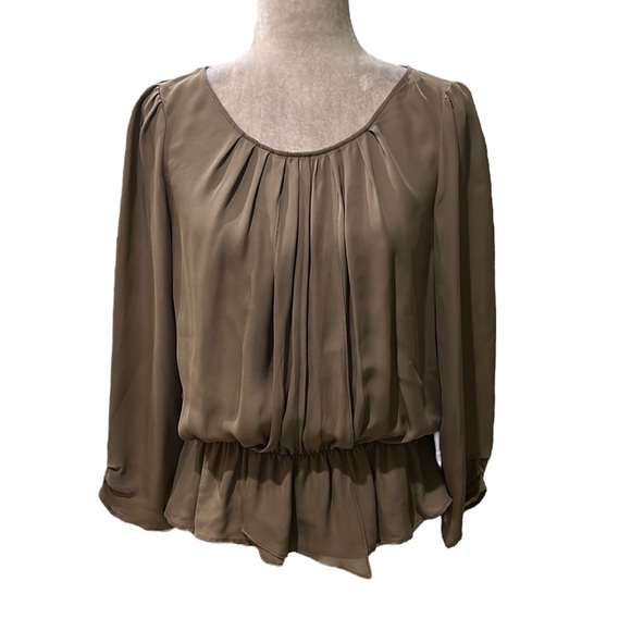 JOIE Silk Brown Pleated Draped Ruched Cuff Ruffle Cutout Blouson Top - M - Picture 1 of 11